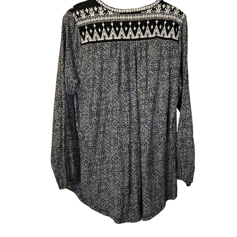 NWT‎ Lucky Brand Black & White Embroidered Long Sleeve Tunic Blouse 1X Boho - Picture 2 of 5
